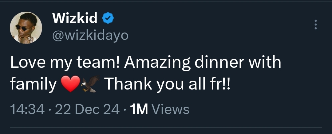 Wizkid Thanks His Team For An Amazing Dinner With Friends